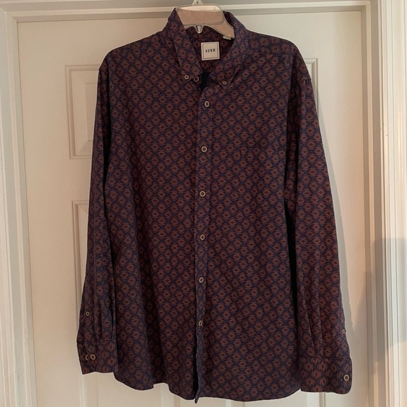 Rowm Men's Long Sleeve Button-Down Shirt XL Rustic Brown & Navy Geometric Print - Picture 1 of 9